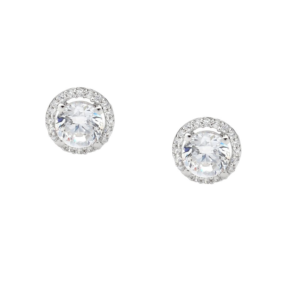 Silver Cubic Zirconia Solitaire Halo Studs