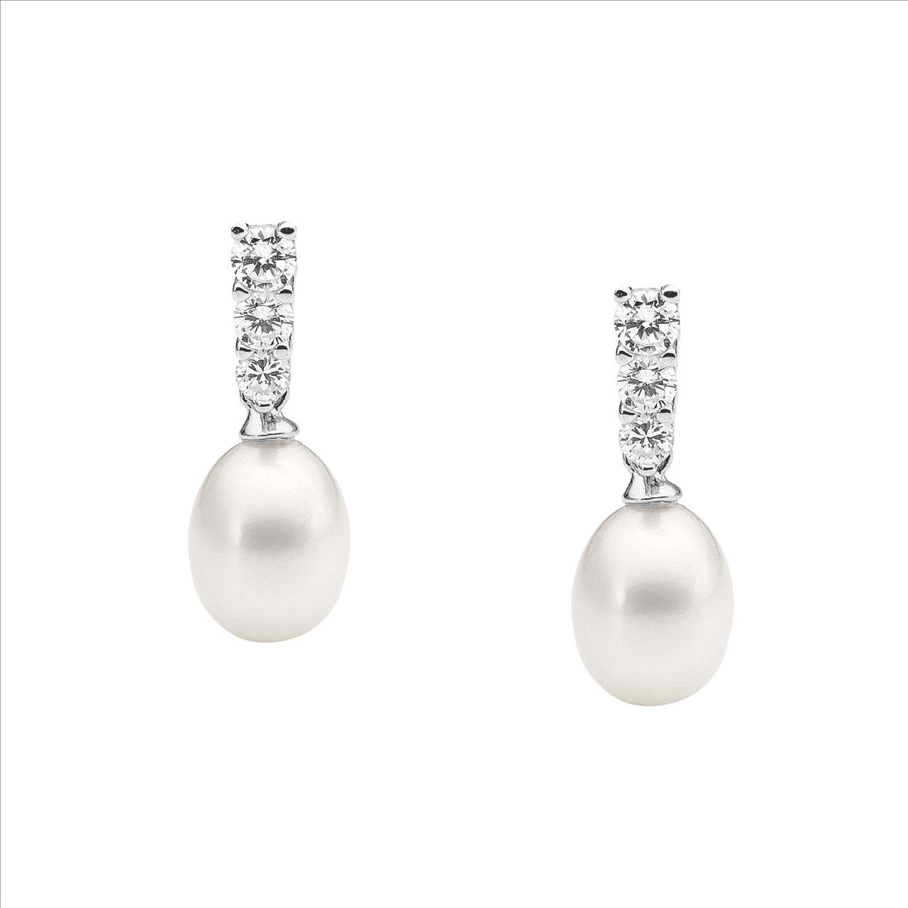 Silver 3cm CZ Drop Freshwater Pearl Earrings