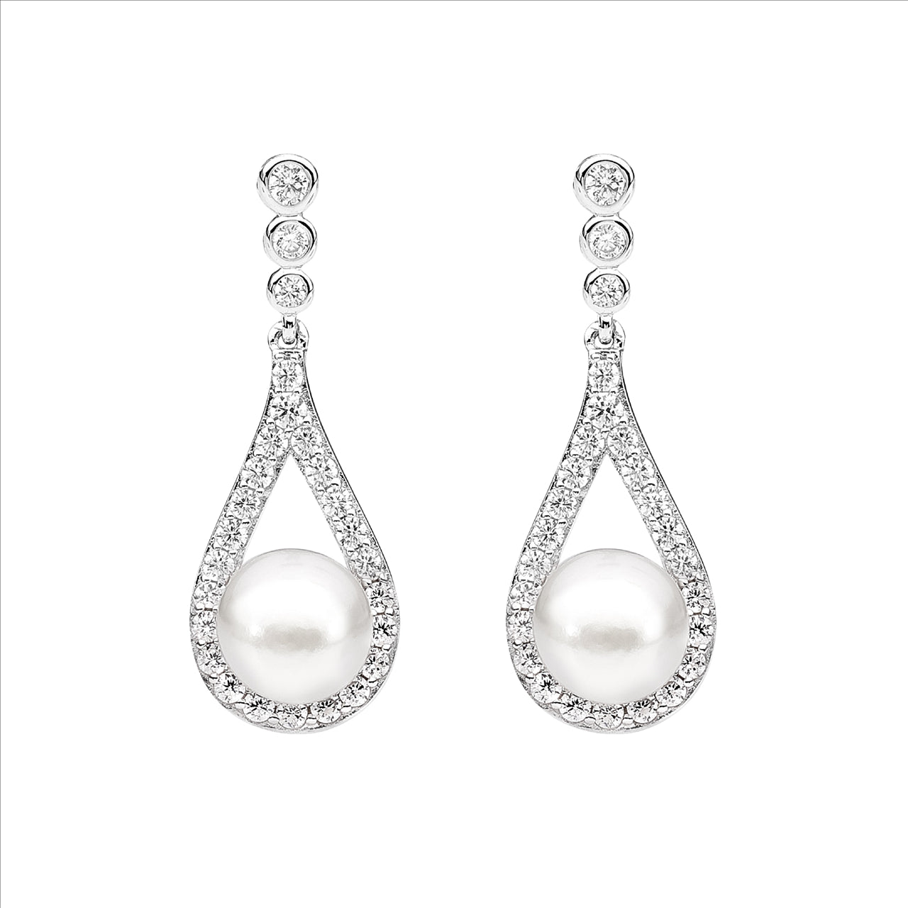 Silver CZ Bezel Open Tear Drop with Freshwater Pearl Earrings