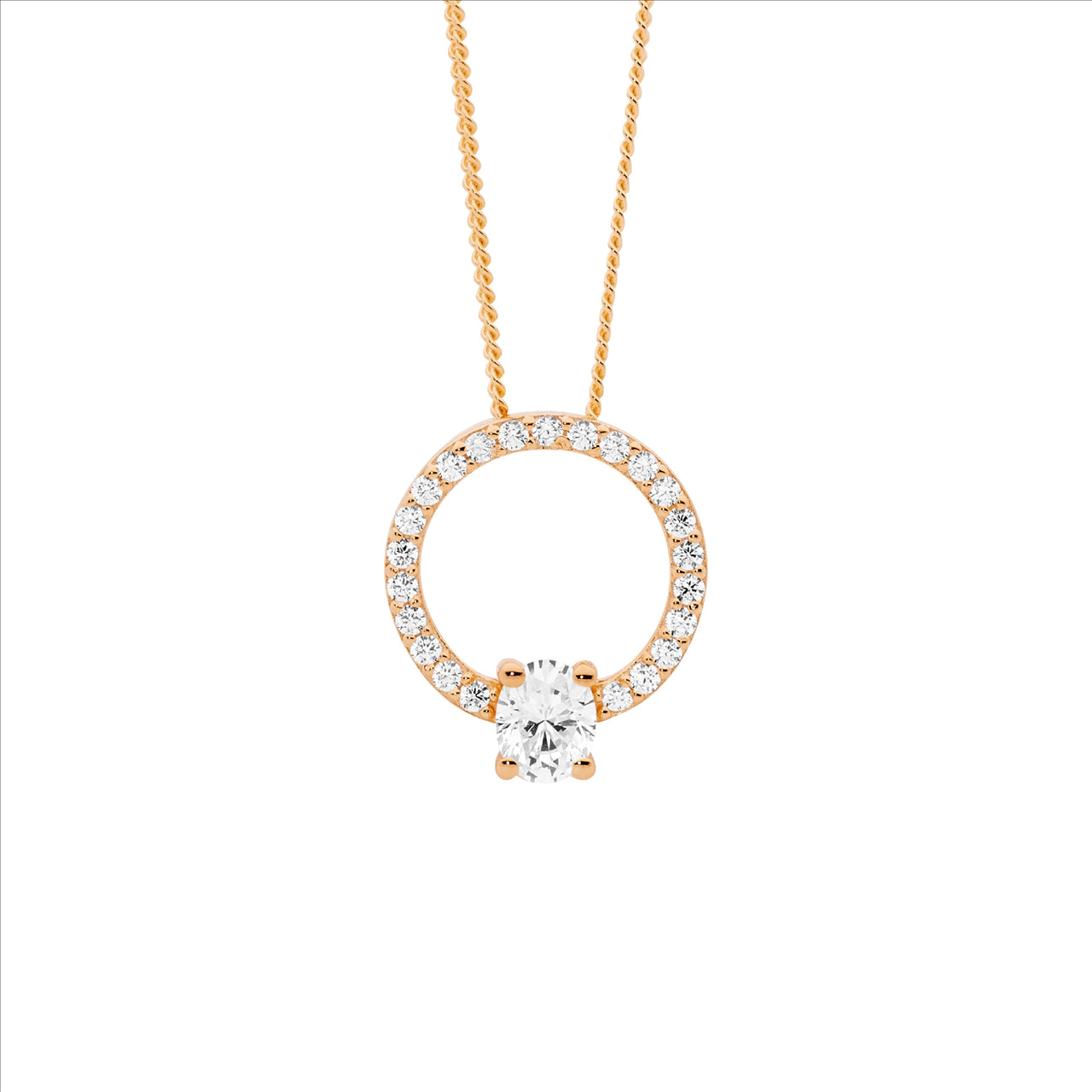CZ 13MM Open Circle Pendant W/Oval CZ Necklace 18ct RGP