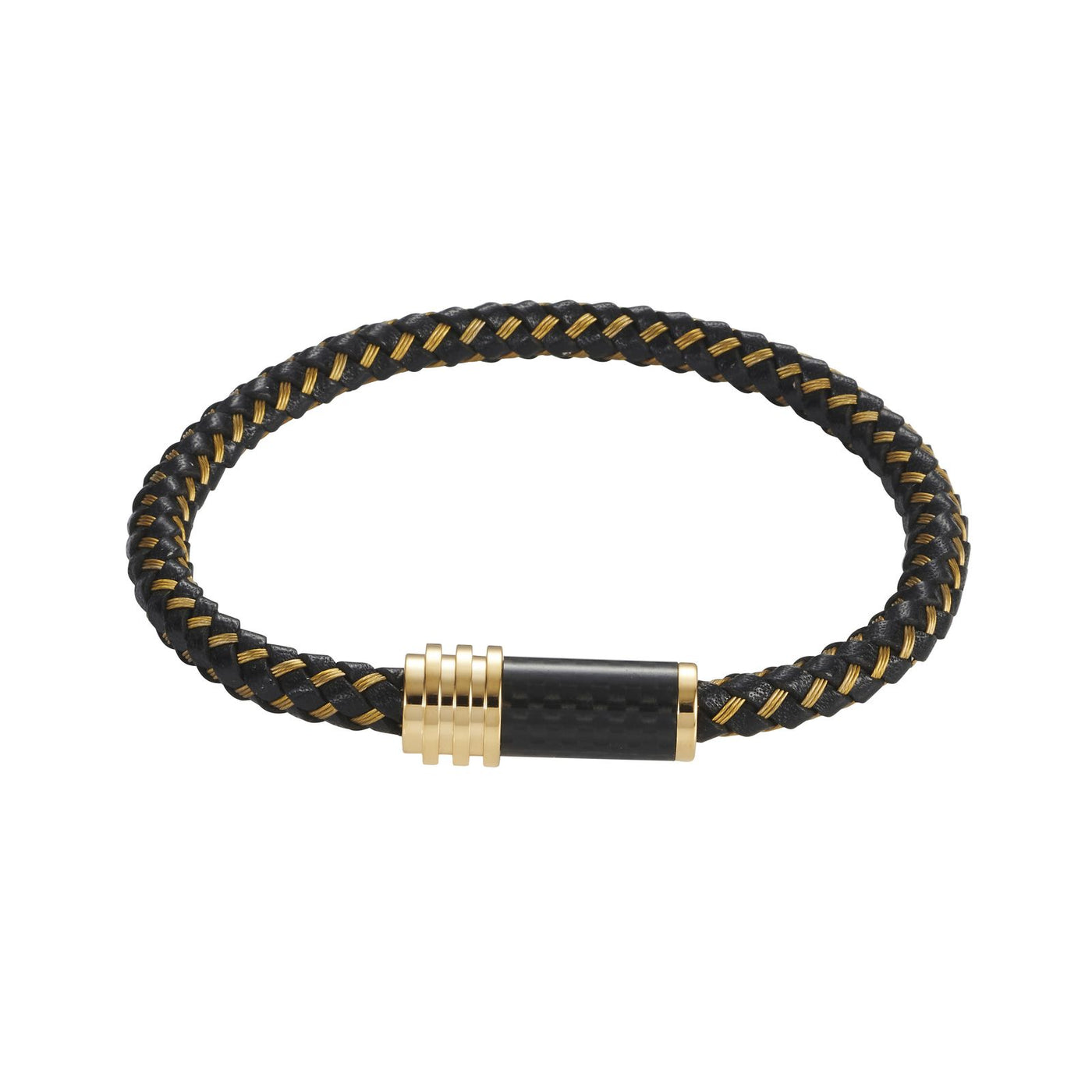 Stainless Steel Black/Gold Leather Cable Carbon Fibre Bracelet