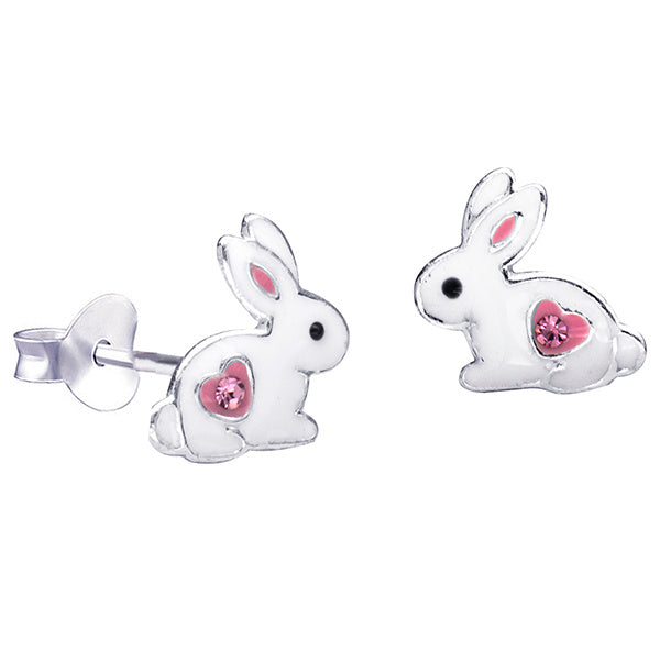 Sterling Silver White Enamel Rabbit With Pink Heart + Crystal Earring Studs