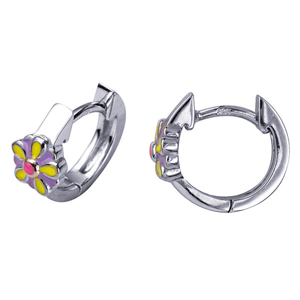 Sterling Silver Huggies With Enamel Flower