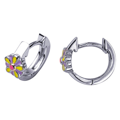 Sterling Silver Huggies With Enamel Flower