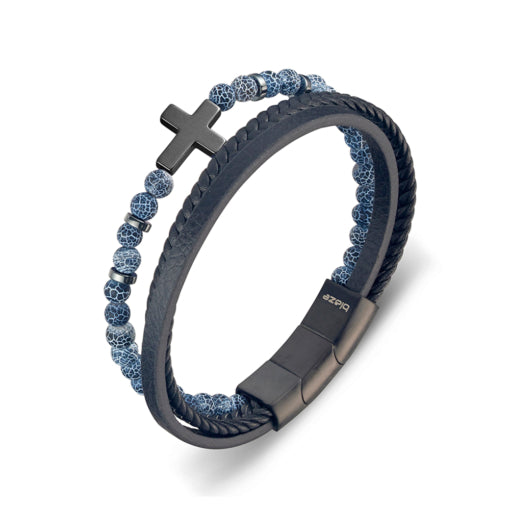 Blaze Multi-Strand Leather & Onyx With Cross Bangle