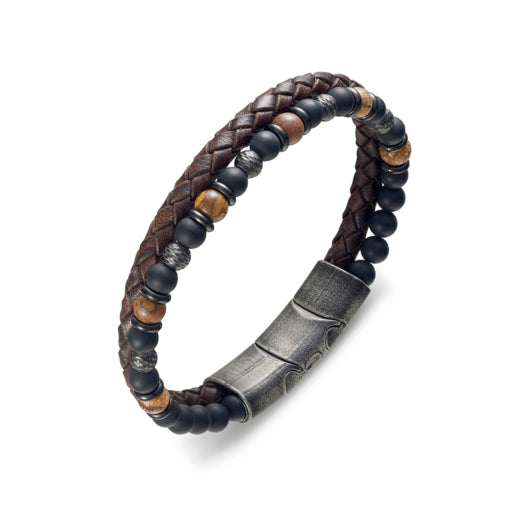 Blaze Black Agate, Stone Beaded & Brown Leather Bangle