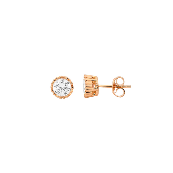 4mm White CZ Crown Set Earrings Rose Gold Plating