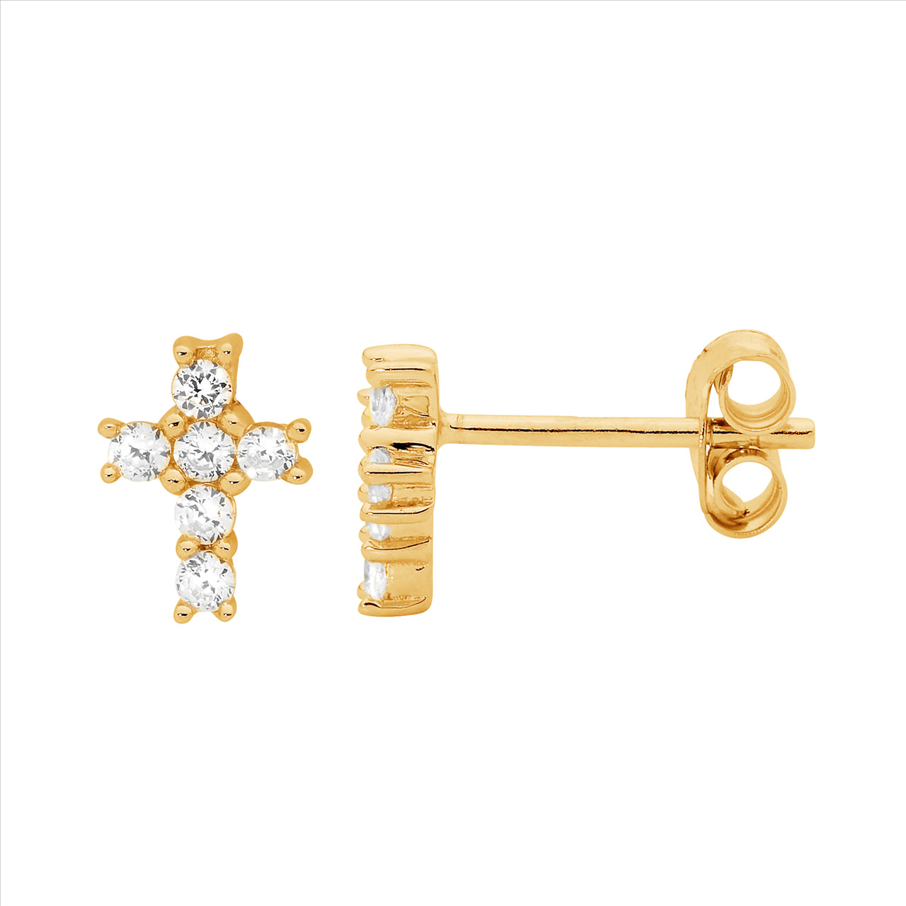 Ellani SS White CZ Claw Set Cross Stud Earrings GP