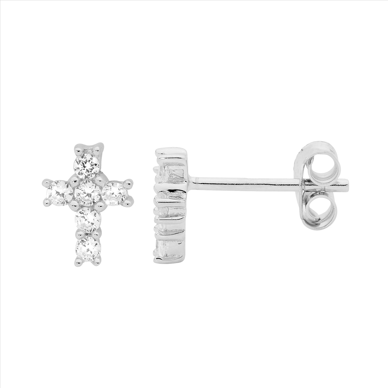 Ellani SS White CZ Claw Set Cross Stud Earrings