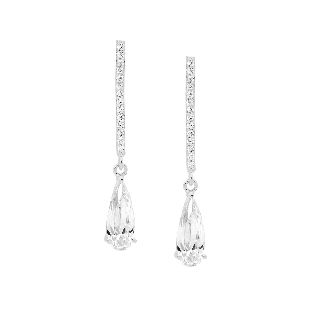 Ellani White CZ Drop Bar With Long Tear Earrings