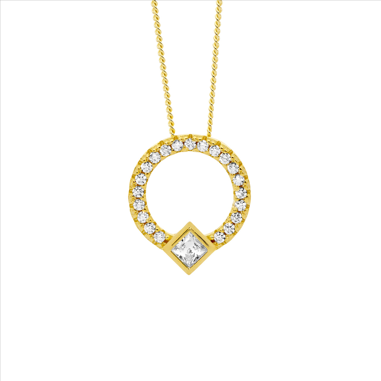 White CZ 13mm Open Circle w/Princess Cut Bezel Set Pendant Necklace 18ct Gold Plated