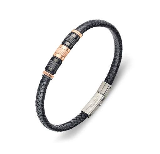 Blaze Stainless Steel 6mm Blackk Leather With Rose Gold Steel Beads Bracelet