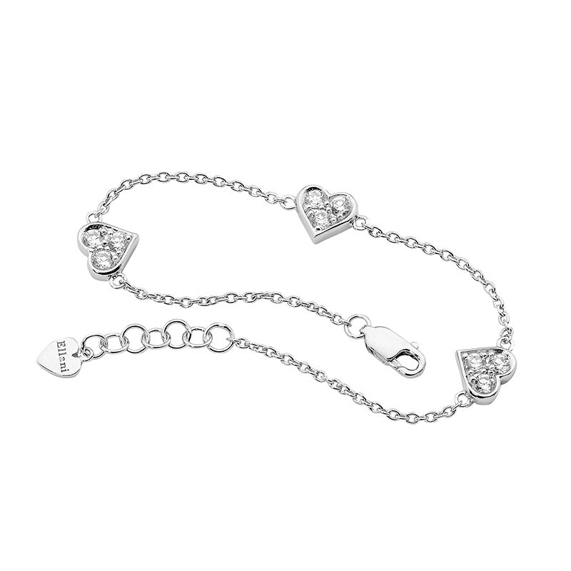 Sterling Silver White CZ 3 Hearts Bracelet With Extension Chain