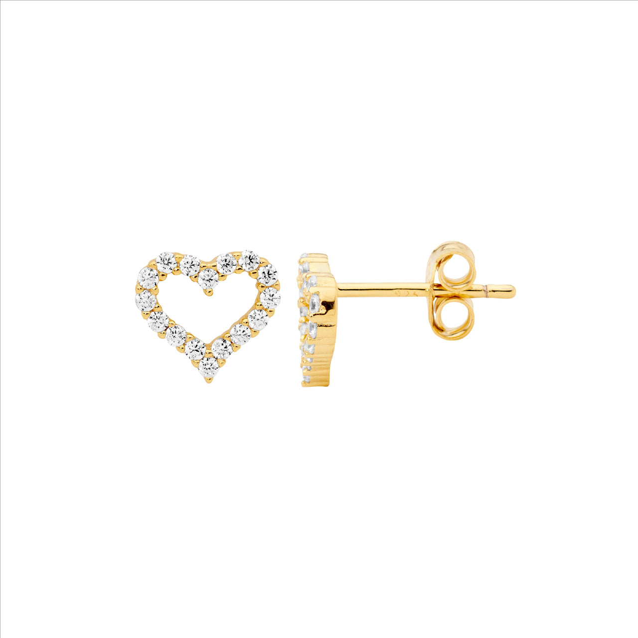 White Cubic Zirconia 8mm Open Heart Earrings Gold Plated