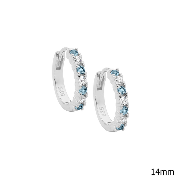 Blue Spinel & White Cubic Zirconica 14mm Hoop Earrings