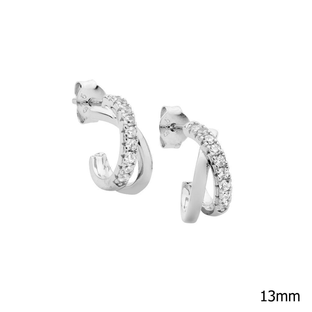13mm Crossover Hoop Earrings with Cubic Zirconica