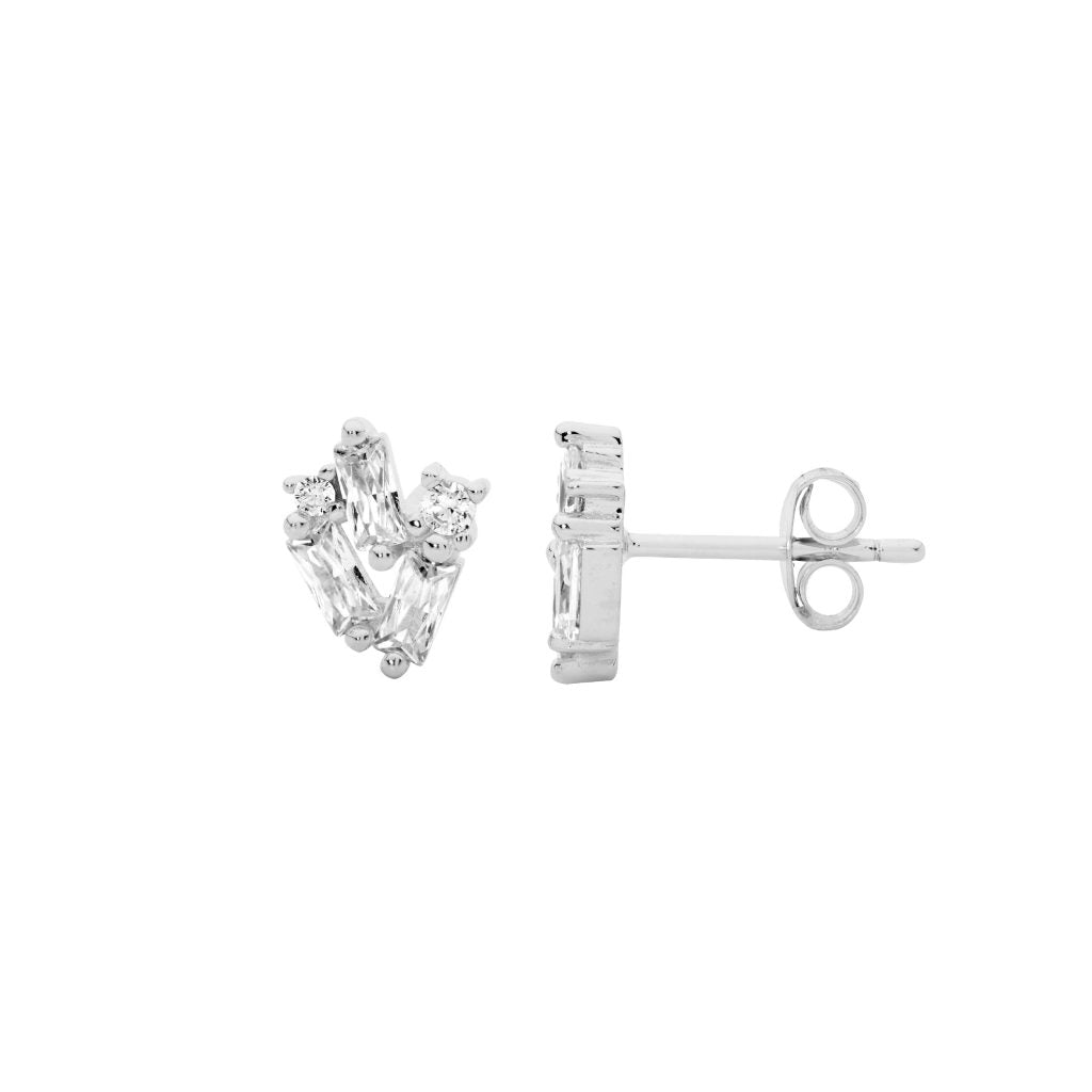 Round & Baguette Cubic Zirconia Stud Earrings