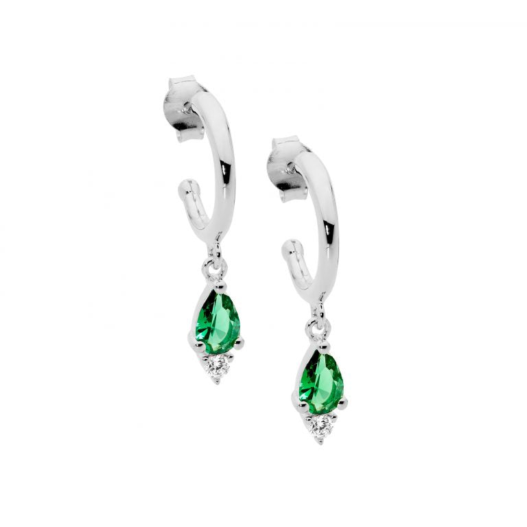 13mm Hoop Earrings with Green Cubic Zirconia Earrings