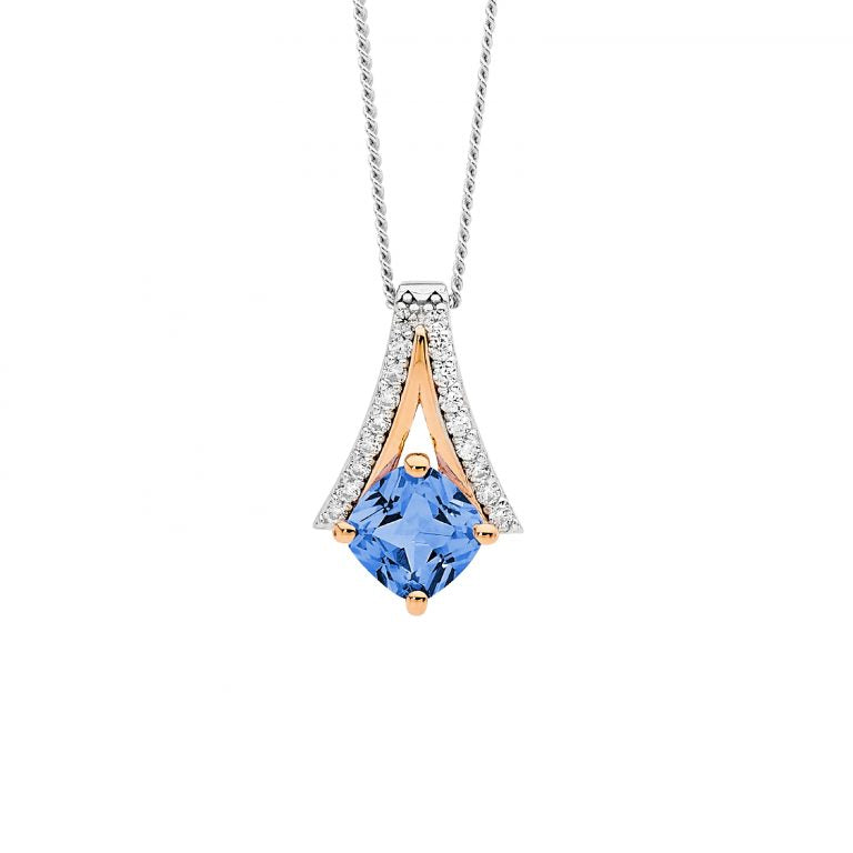 Blue Cushion Spinel Pendant Rose & Yellow Gold Plated